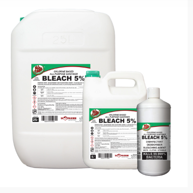 Hospitality Bleach 5% – 1LT Retail, 1LT x 12, 5LT, 5LT x 4, 25LT, 200LT and 1000L