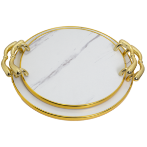 Serving Tray - Round Flat Marble Look 2pc Set