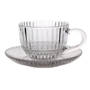 Ribbed Clear Glass Tea Cup & Saucer - 6 Piece