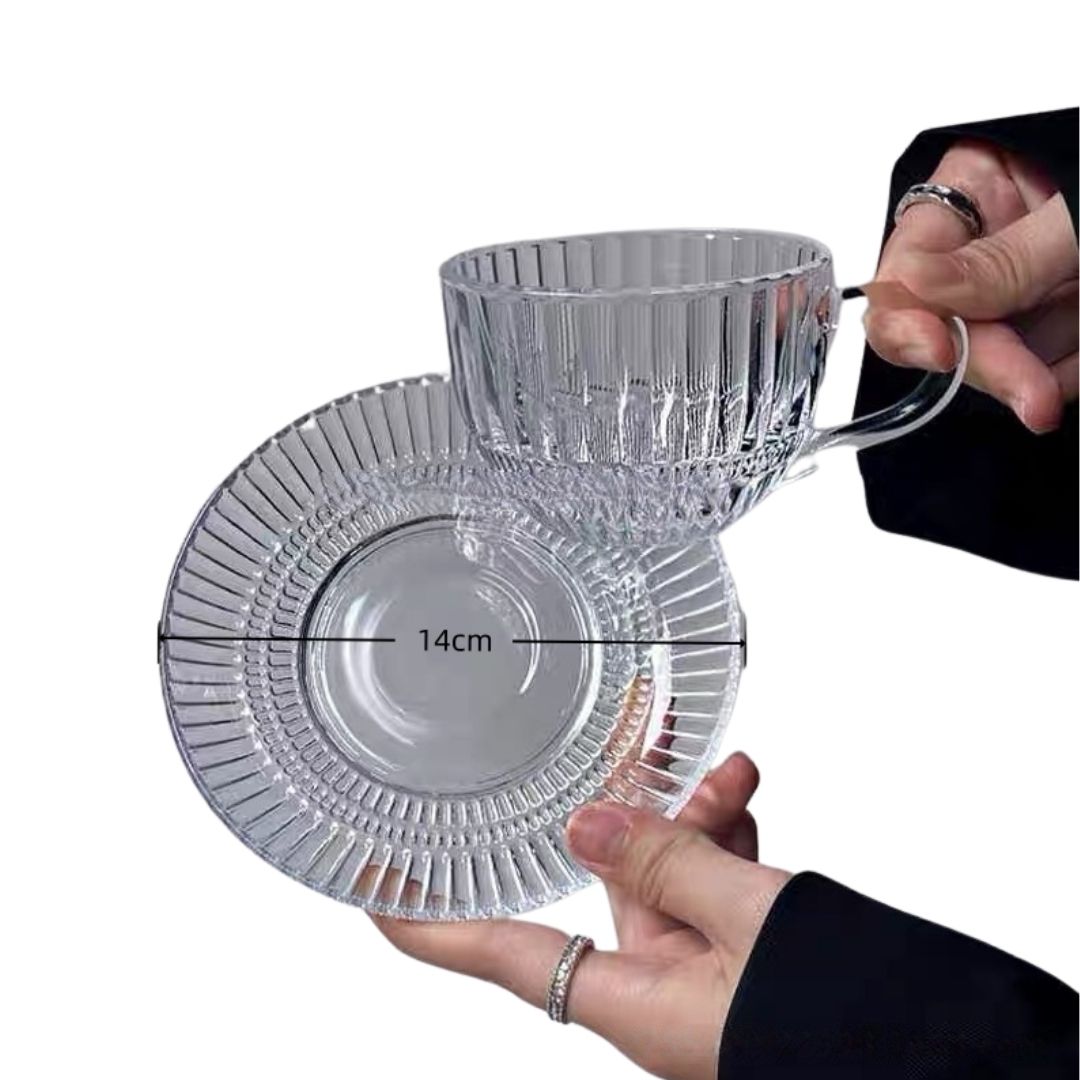 Ribbed Clear Glass Tea Cup & Saucer - 6 Piece - Image 3